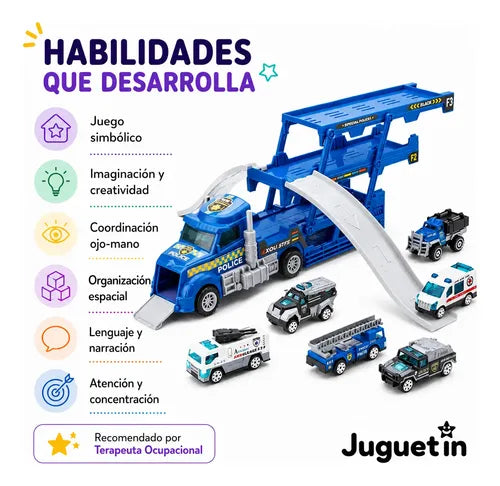 Juguete Truck Policial Mas 3 Autos Niños Truck Policial Azul