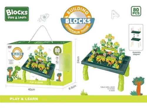 Juego Bloques Dinosaurio 80pzs + Mesa Creativo Y Educativo 80 Dinosaurio