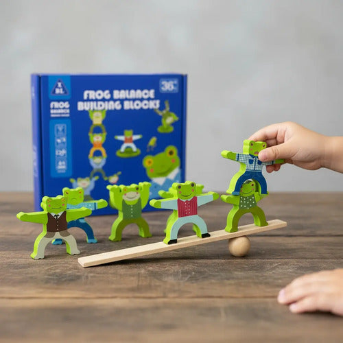 Bloques De Madera Equilibrio Montessori Ranas Niños Azul