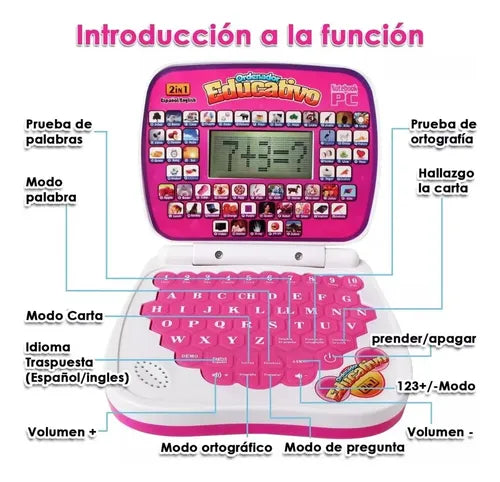 Computador Laptop Educativo Infantil Inglés Y Español Rosa Chicle