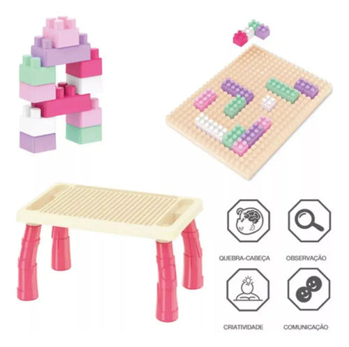 Juego De Bloques Construcción Para Armar 100 Piezas Con Mesa 100 Bloques Rosa