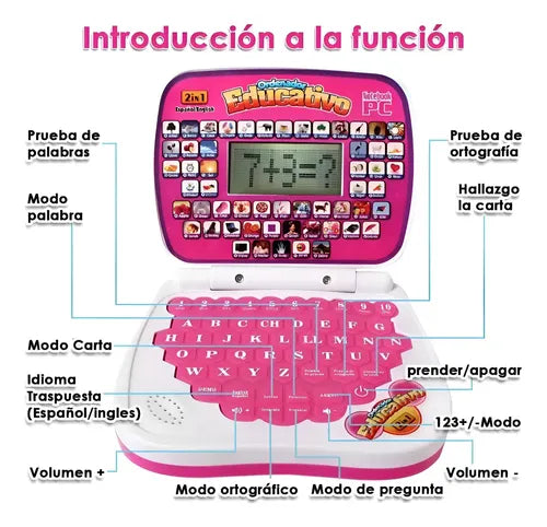 Mini Computador Juguete Didactico Educativo Rosa Esp/in Rosado