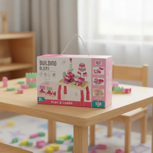 Juego De Bloques Construcción Para Armar 100 Piezas Con Mesa 100 Bloques Rosa