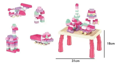 Juego De Bloques Construcción Para Armar 100 Piezas Con Mesa 100 Bloques Rosa