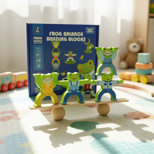 Bloques De Madera Equilibrio Montessori Ranas Niños Azul
