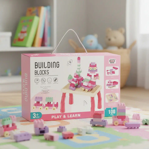 Juego De Bloques Construcción Para Armar 100 Piezas Con Mesa 100 Bloques Rosa