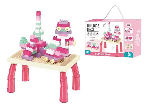 Juego De Bloques Construcción Para Armar 100 Piezas Con Mesa 100 Bloques Rosa