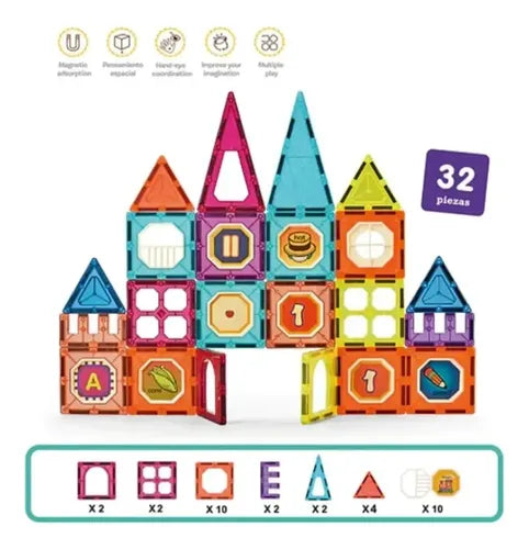 Juego De Construcción Magnéticos Imán Bloques  Niños 32pzs 32 Castillos