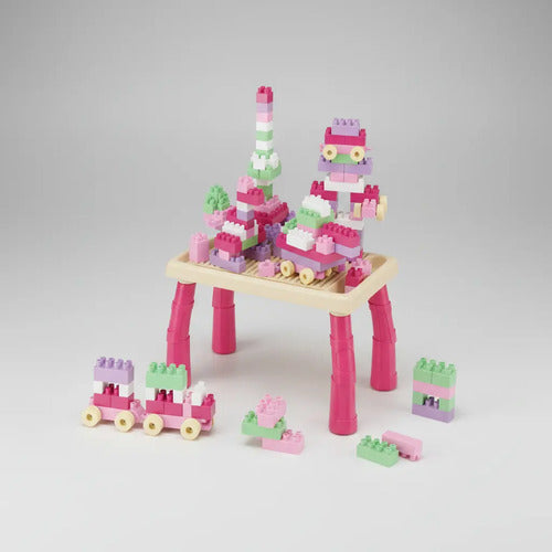 Juego De Bloques Construcción Para Armar 100 Piezas Con Mesa 100 Bloques Rosa